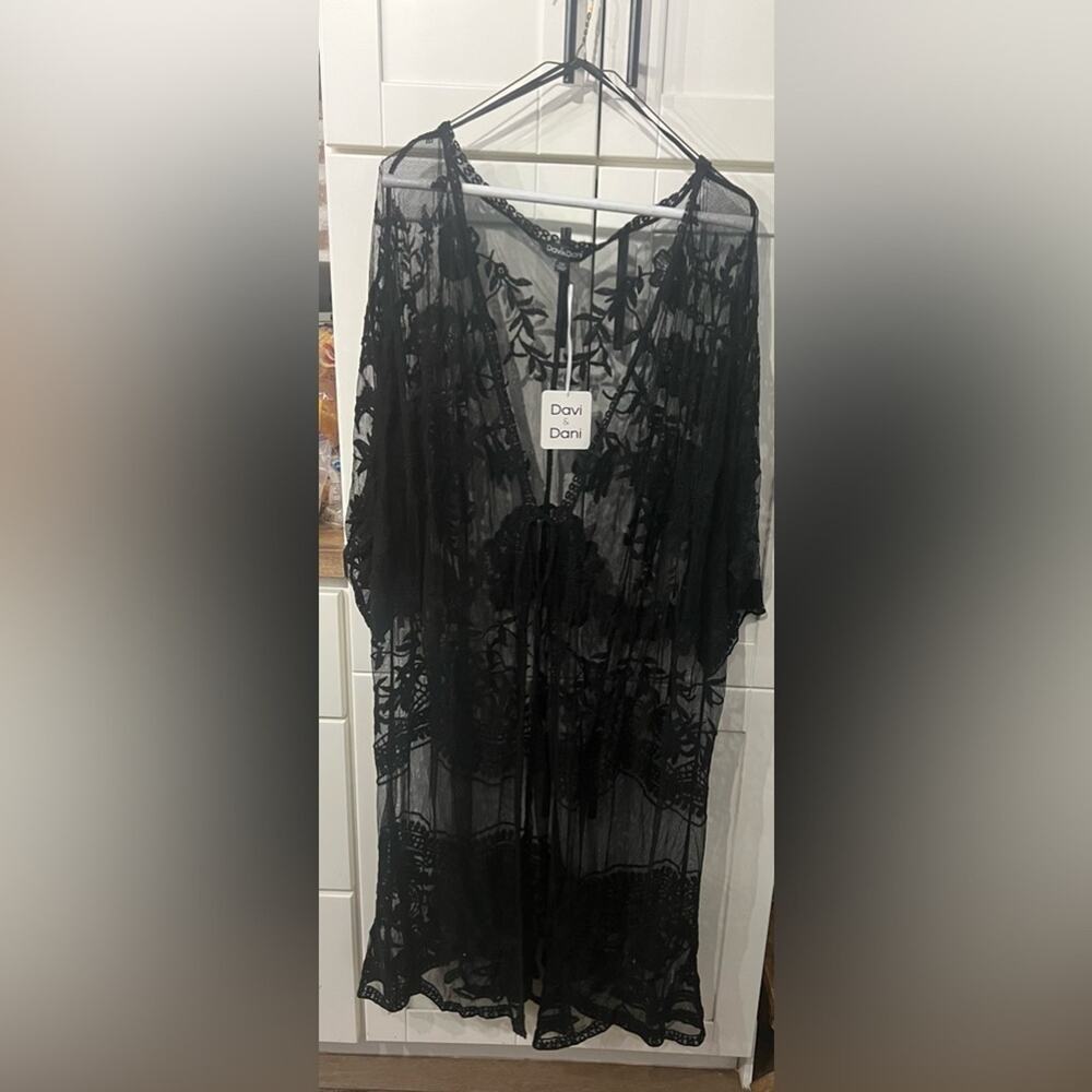 NEW DAVI & DANI BLACK Lace Midi Long Kimono Cardigan ONE SIZE - Picture 3 of 7